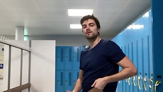 Risky jerk off in a public locker room
