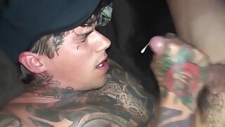 Hot tattooed guy cums a thick load in his face