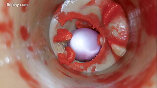 The camera inside the deep pussy toy records a huge ejaculation with a stuck condom 4k