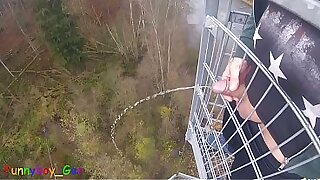 I pee outside from a very public observation tower and then masturbate my penis&comma; and my balls are fat&period; But then people came along&period;&period;&period;