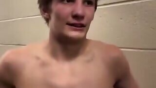 Watch this cute wrestler jock get interviewed after a wrestling match.