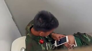 Fondling a soldier with phimosis, jerking off to porn